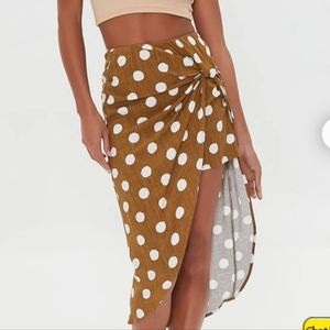 Forever21 Knotted polka dot linen asymmetrical midi skirt size small